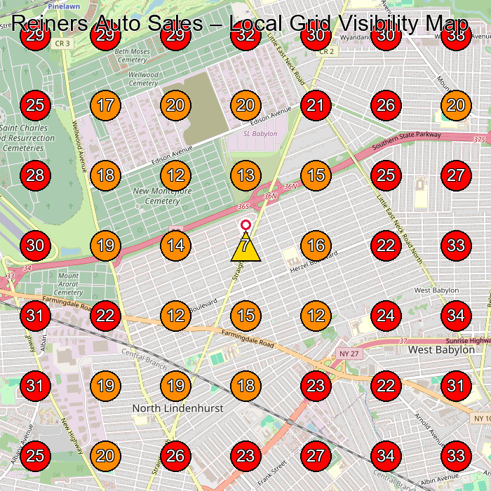 Reiners Auto Sales GeoGrid visibility map for Used Car Dealer in West Babylon